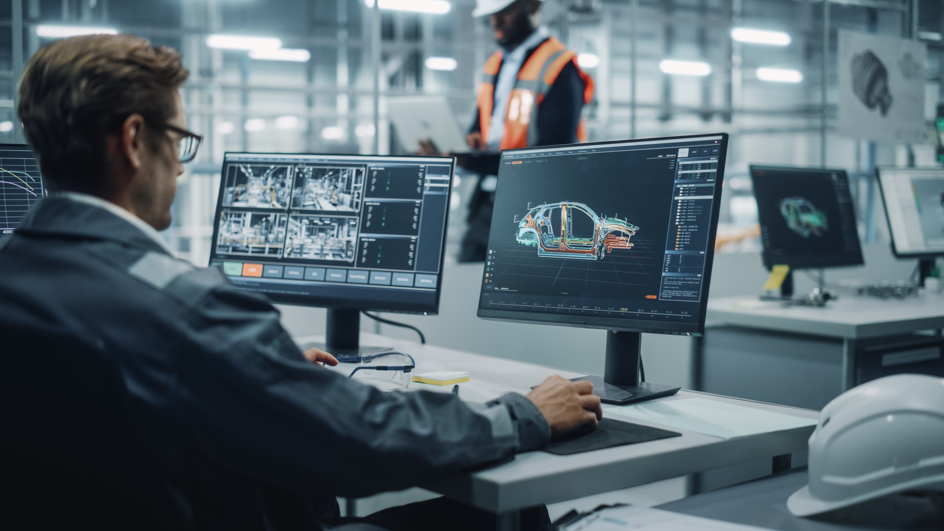 Vehicle Factory Line Operator Working at Desk, Overviewing Autonomous Electric Car Production. In the Background African American Engineer Using Tablet and Looking at a Car Assembly Plant.